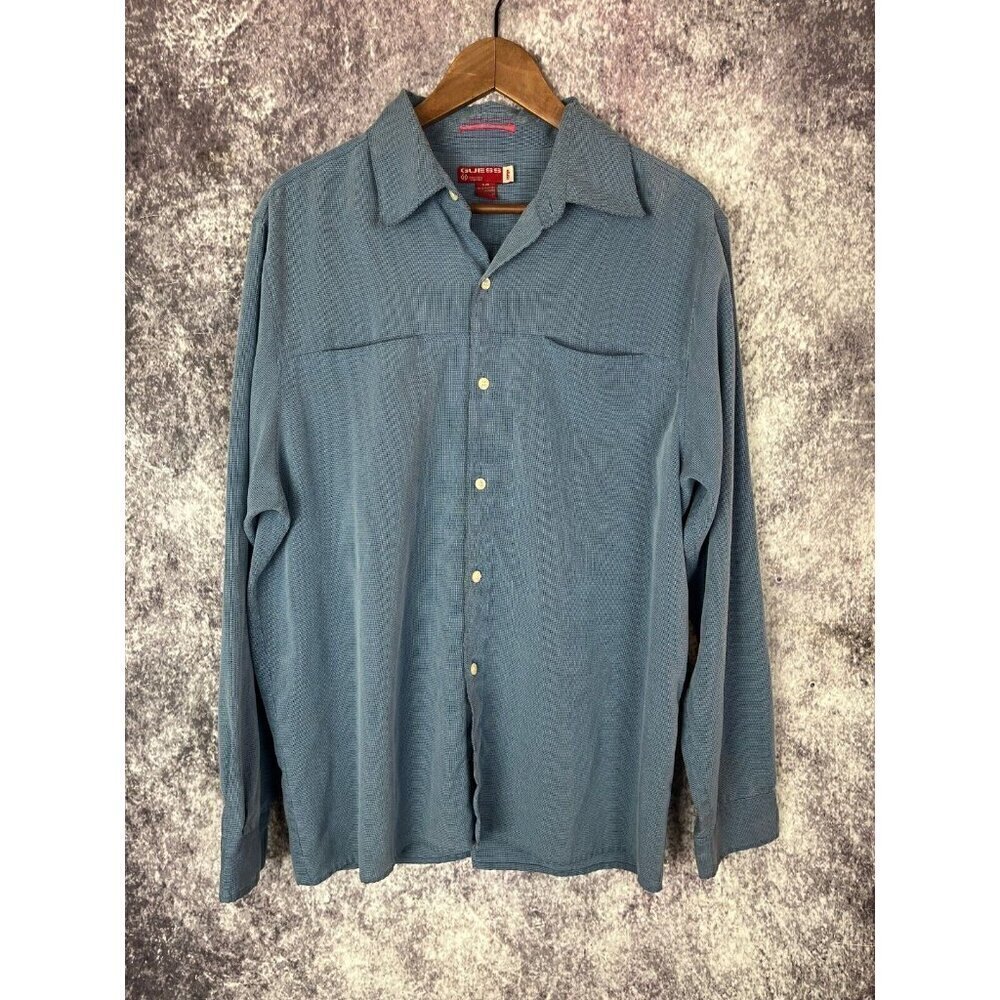 Vintage Guess Shirt Mens L Blue Micro Houndstooth Viscose Button Down Unique 90s